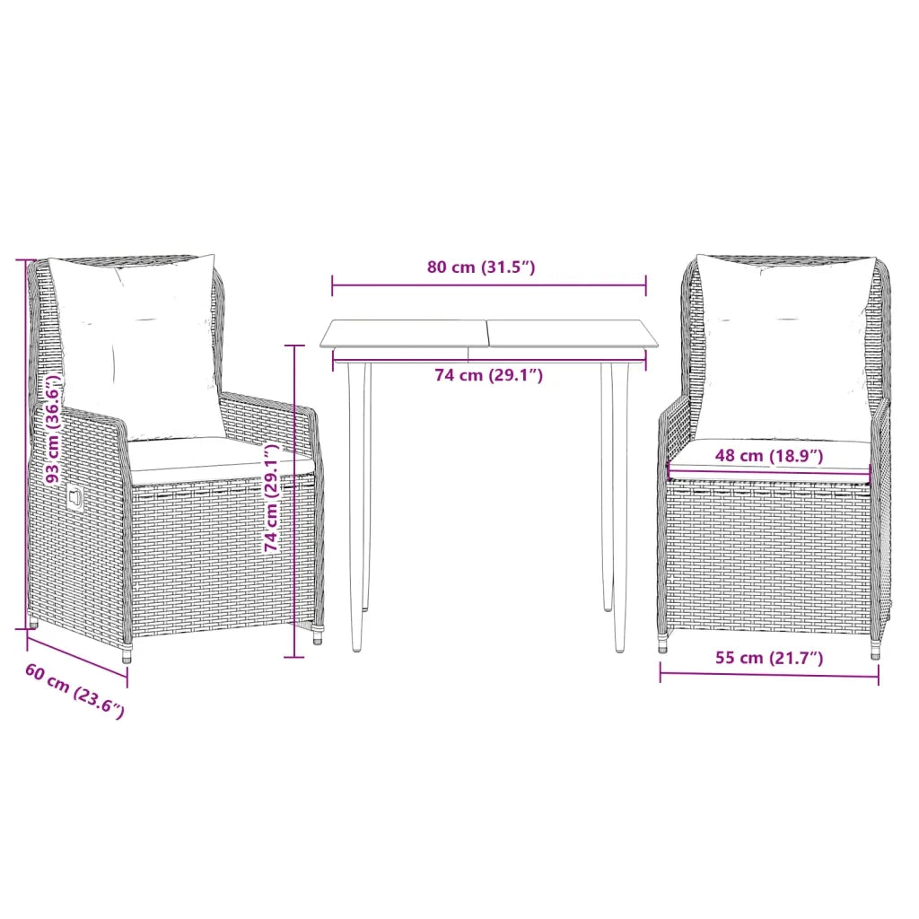 Set da Pranzo da Giardino 3 pz | Set Salotto da Giardino con Cuscini Beige in Polyrattan