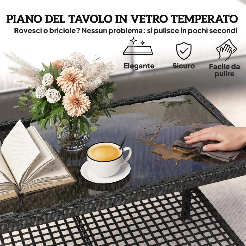 Tavolino da Caff¨¨ a 2 livelli con Piano in Vetro Temperato e Ripiano, in Acciaio e Rattan, 92x50x45 cm, Nero