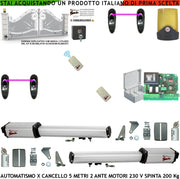 Kit Automatismo Cancello Battente 5 Metri 2 Ante da 2,5 MT 2 Motori Elettromeccanici 230 V Corsa 400 mm Spinta 2 Q.li Centrale Comando Radio 2 Radiocomandi Faro 2 Fotocellule Sblocco Cartello Monitore