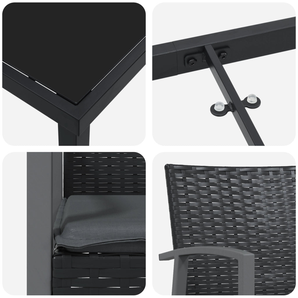 Set da Pranzo da Giardino 9 Pezzi con Cuscini in Rattan Nero