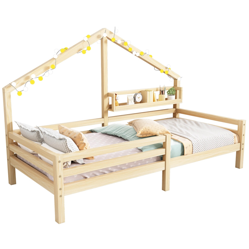 Letto a casetta per bambini con libreria integrata 90x200 cm in pino naturale