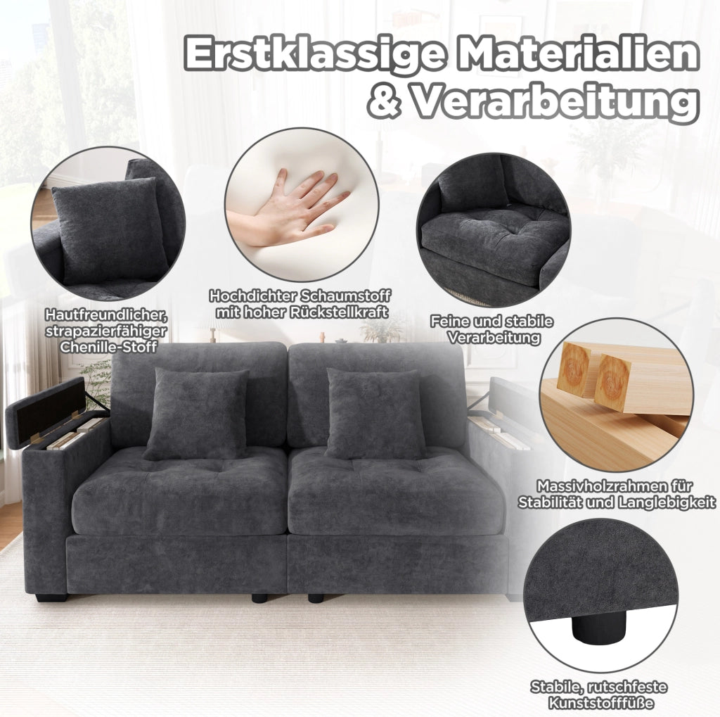 Divano 2 posti moderno in chenille grigio scuro con contenitore nei braccioli e cuscini