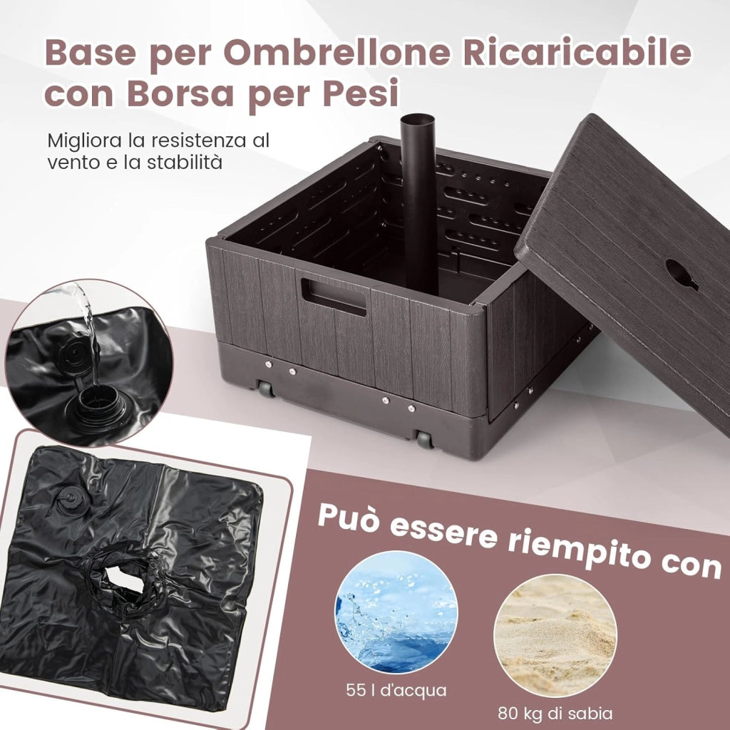 Base per Ombrellone, con Tavolino e Sacca Ponderata, Supporto per Ombrellone 45L, 67 kg di Sabbia, Vassoio, Ruote, per Ombrellone 38 mm/48 mm (Marrone)