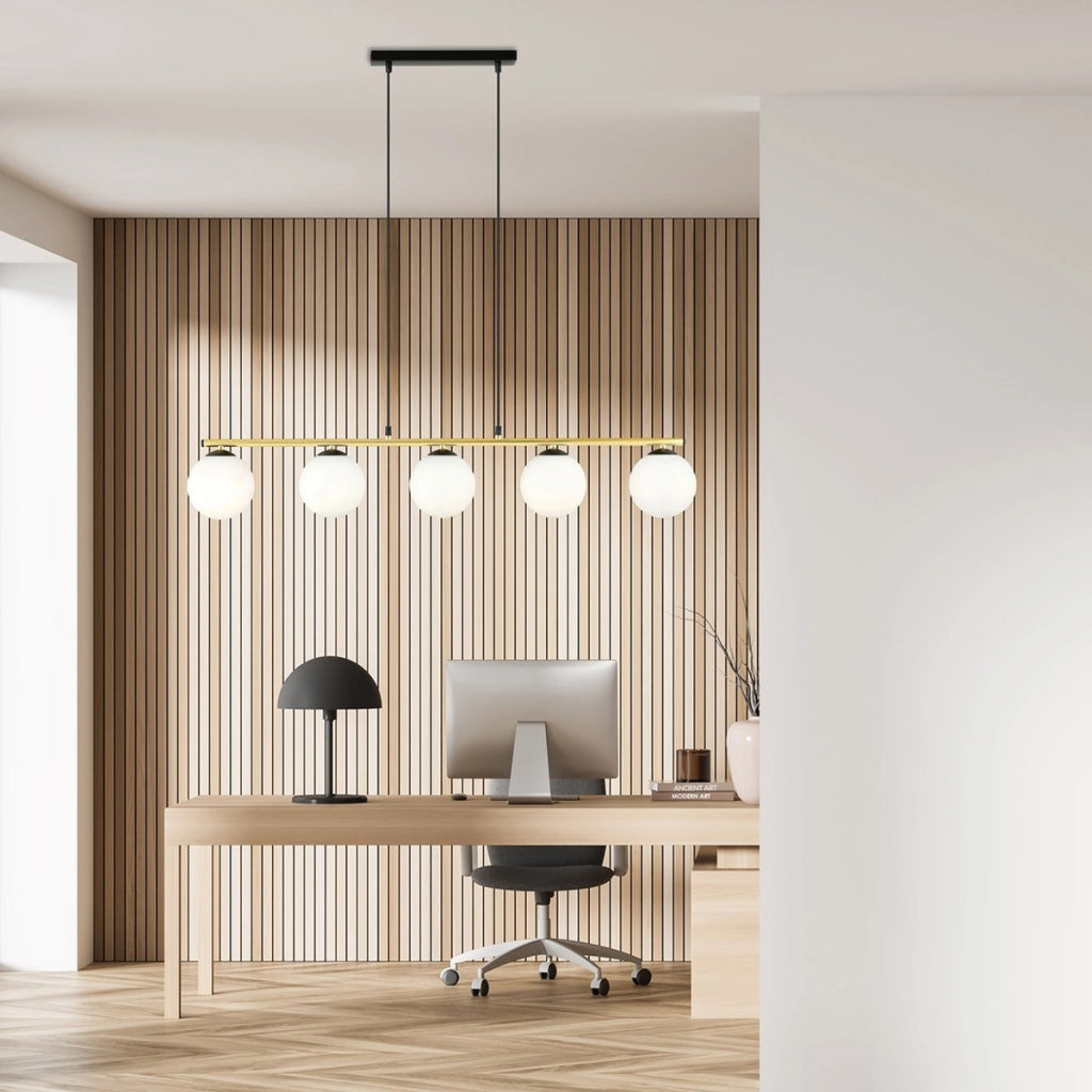 Lampada a sospensione Allora in acciaio nero e oro con sfere in vetro