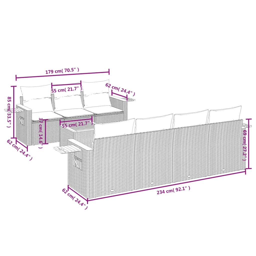 Set Divano da Giardino 8 pz con Cuscini Beige in Polyrattan