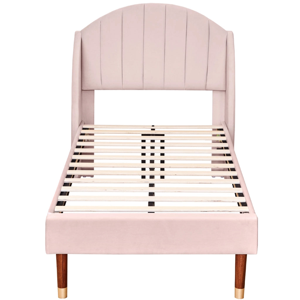 Letto singolo imbottito 90x200 cm con rete a doghe e testiera in velluto rosa