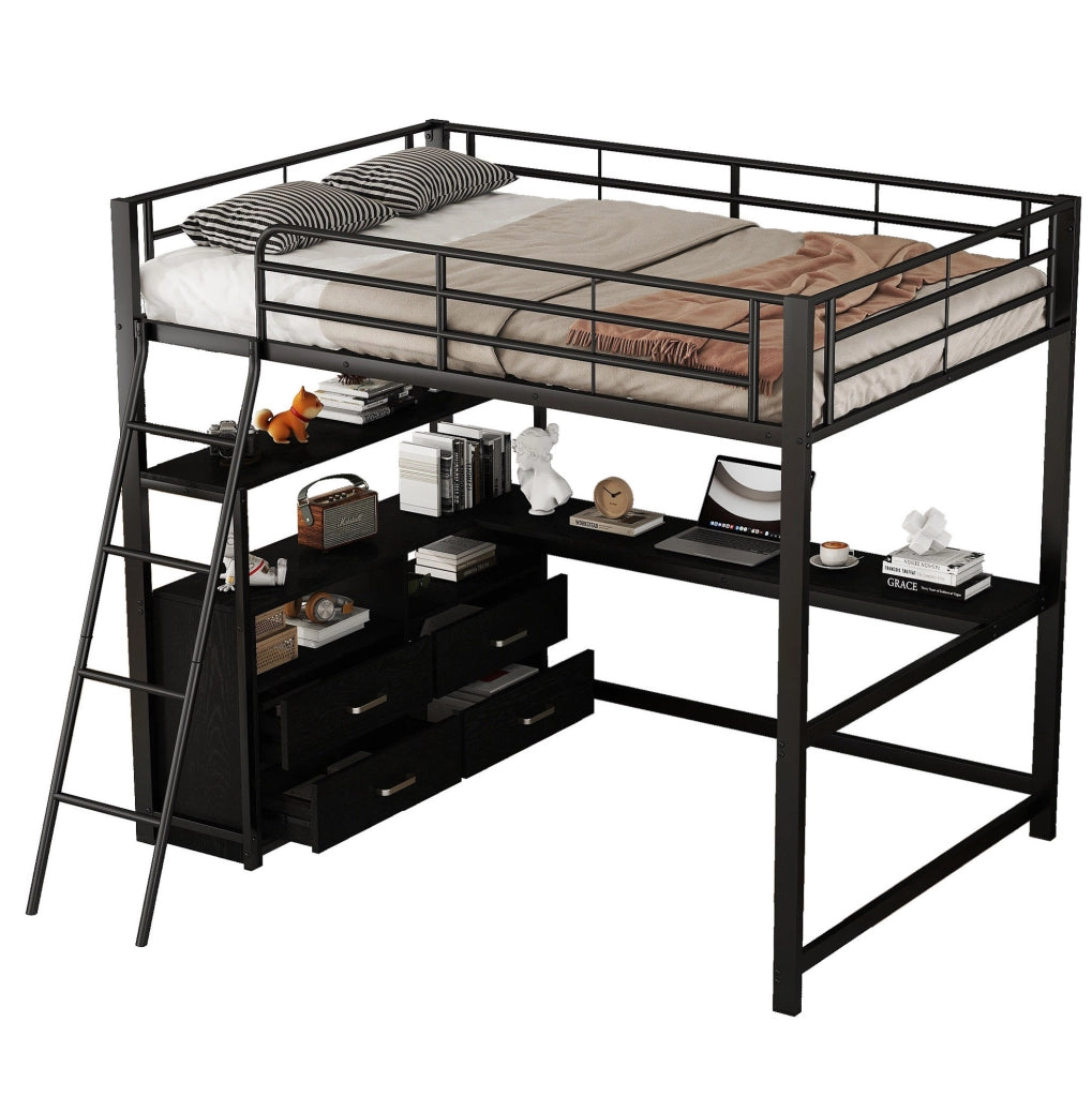 Letto a soppalco 140x200 cm con scrivania a L e cassetti, nero