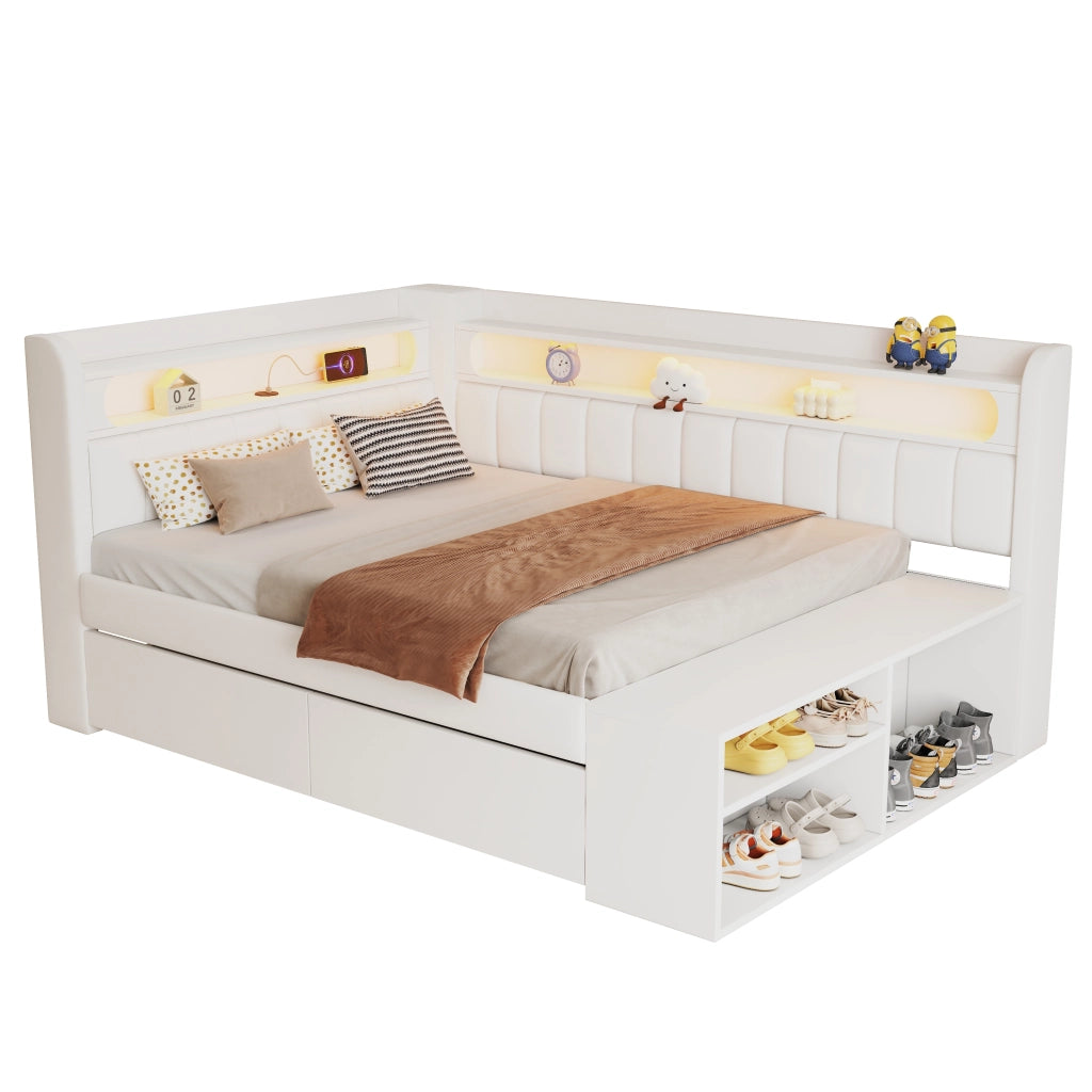 Letto Contenitore Letto Singolo 90x200 cm; USB; LED; 2 Cassetti; in MDF; Bianco