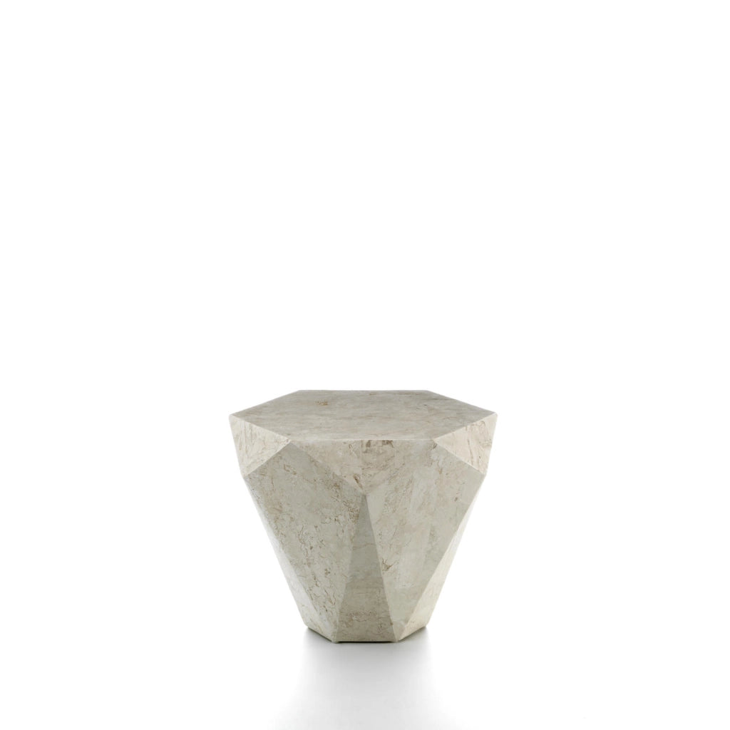 Tavolino Diamond Small con rivestimento in tasselli di pietra fossile White Agata e struttura in compensato marino - Design Esclusivo