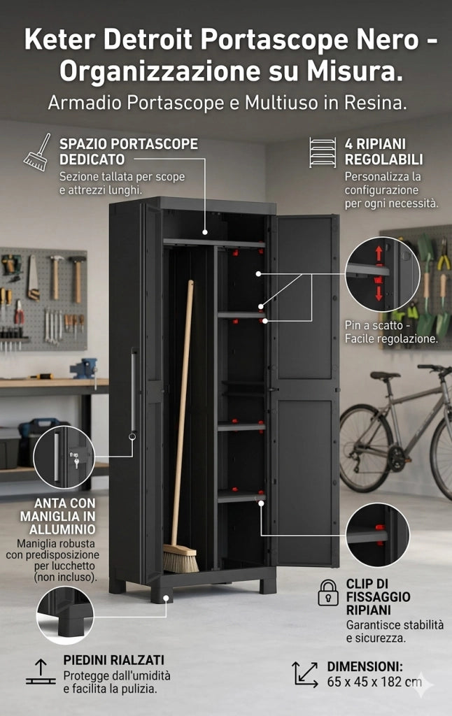 Armadio in Resina 4 Ripiani 65x45x182 cm Keter Detroit Portascope Nero