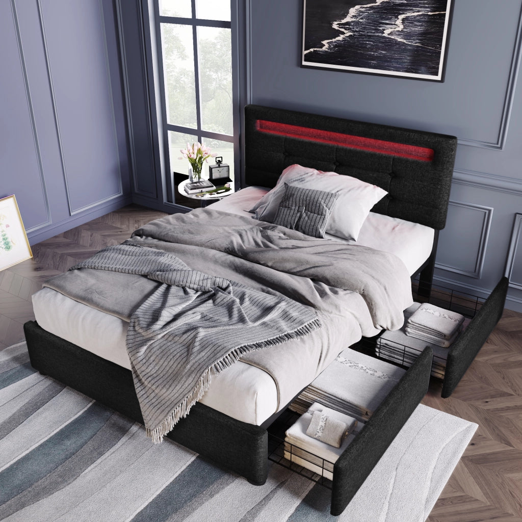 Letto con Cassetti Singolo; 2 Cassetti; LED Regolabile e Testiera Regolabile 90×200 cm; senza Materasso; Nero