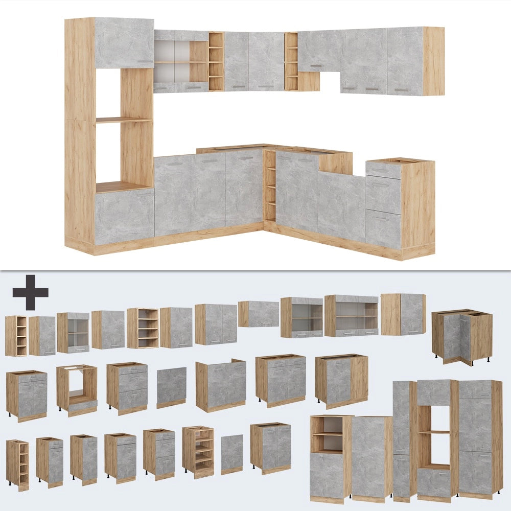 Vicco Cucina angolare completa Calcestruzzo/quercia dorata 237 x 247 cm , PL Rovere