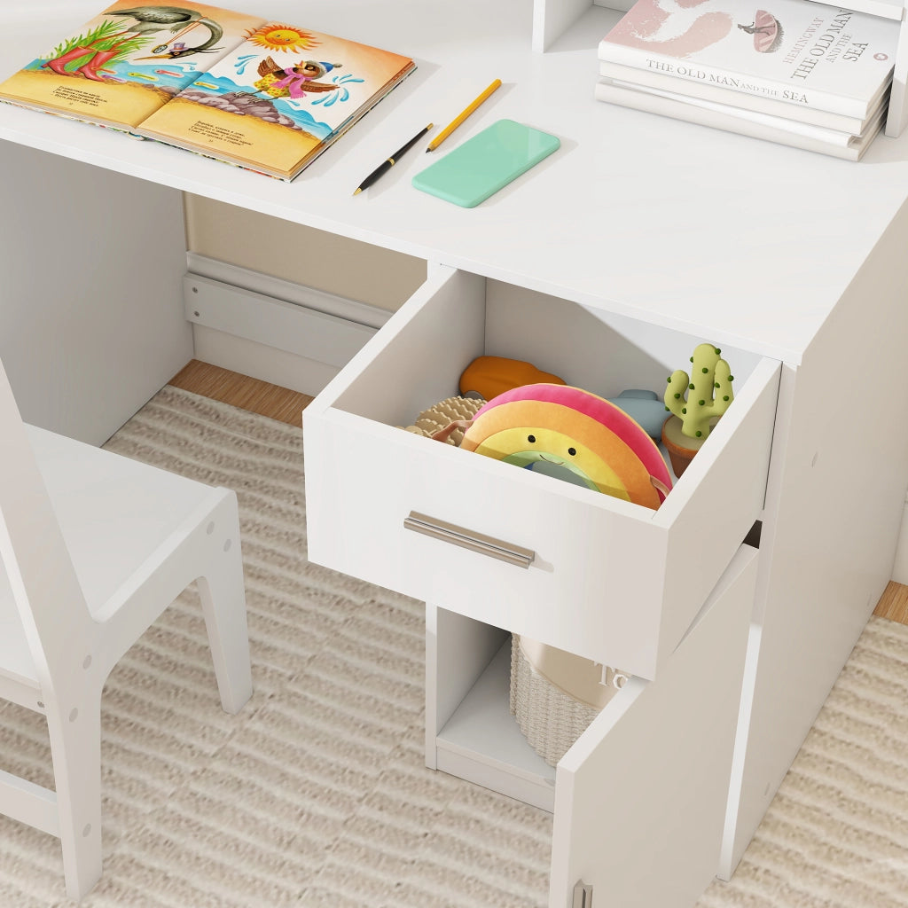 Set Scrivania e Sedia per Bambini con Scaffali Armadietto Cassetto in MDF Bianco