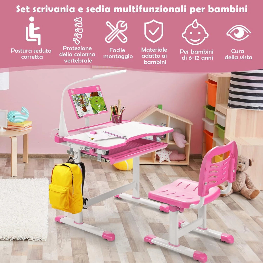 Set Scrivania e Sedia per Bambini, Tavolo Regolabile in Altezza con Piano Inclinabile 45° e Luce LED 3 Modalità, Tavolo e Sedia Ergonomica in Materiali Sicuri per 4+ Anni (Rosa)