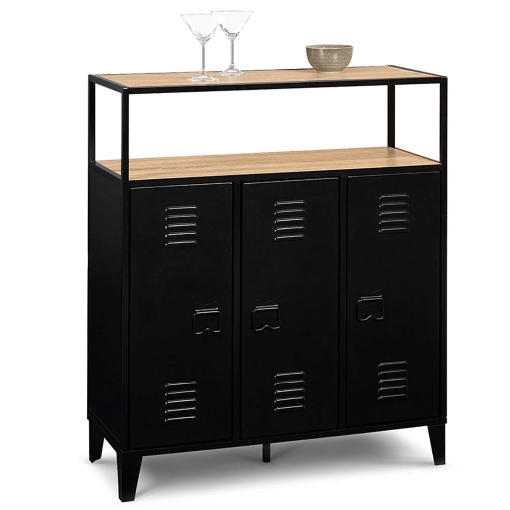 IDMarket - ESTER Buffet da bar a 3 ante in metallo nero con piano in faggio