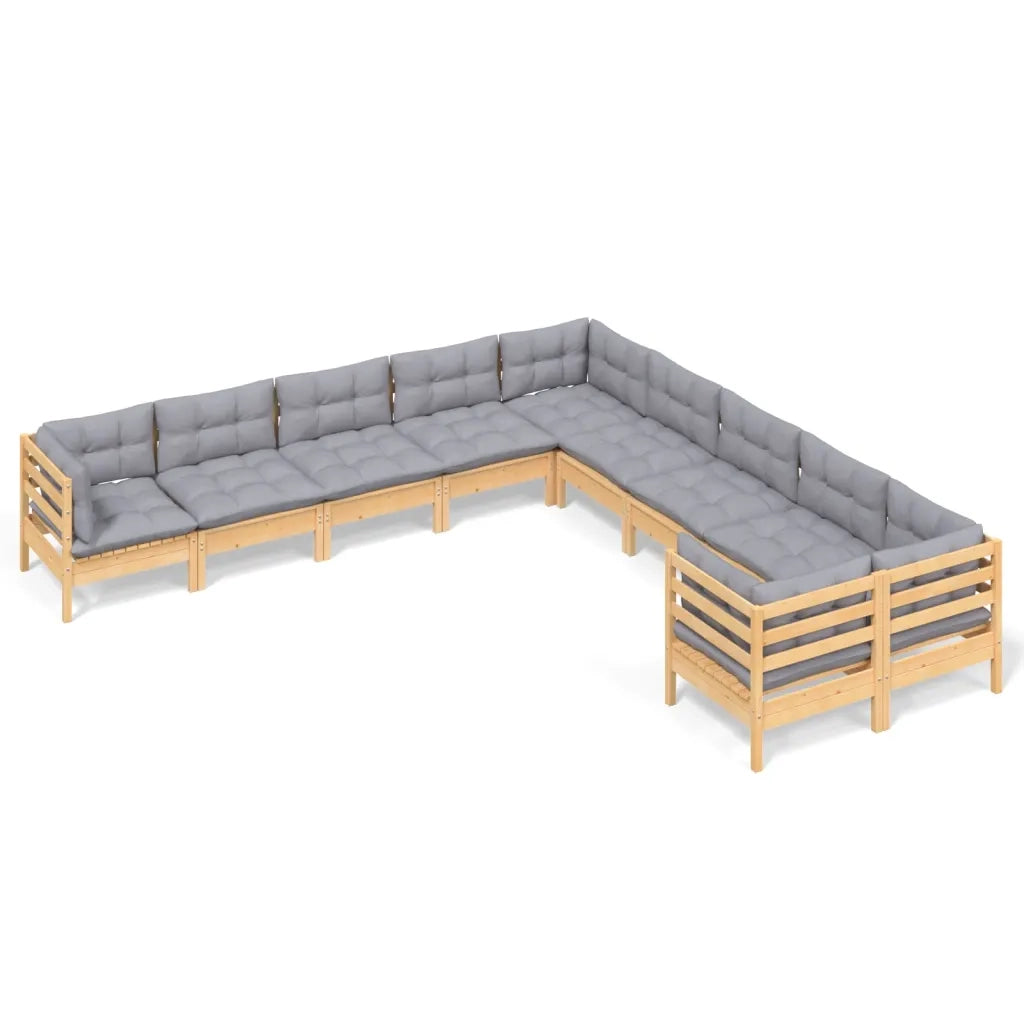 Set Divani da Giardino 10 pz con Cuscini Grigi Massello di Pino 3097006
