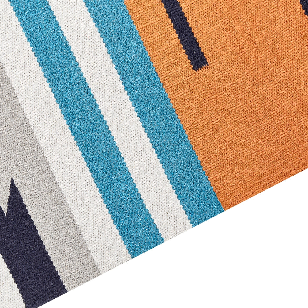 Tappeto Kilim multicolore in cotone 200 x 300 cm tessuto a mano a trama piatta reversibile con motivi geometrici e frange, tradizionale Boho, per il soggiorno e la camera da letto.