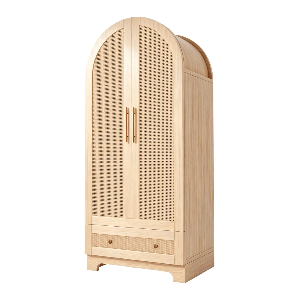 Armadio guardaroba 70x55x170 cm con ante effetto rattan e 2 cassetti; colore legno