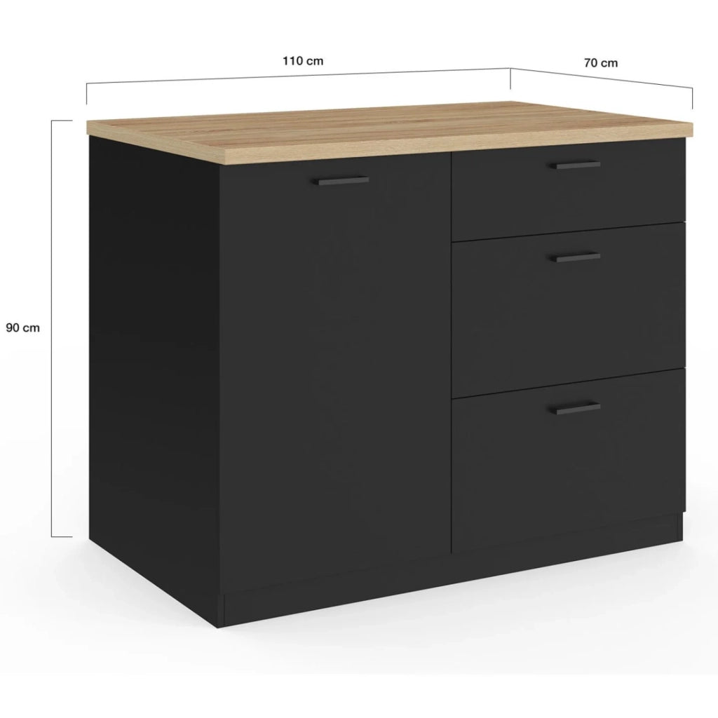 IDMarket - Isola centrale TIBO 110 cm con 3 cassetti in legno nero e piano di lavoro effetto faggio