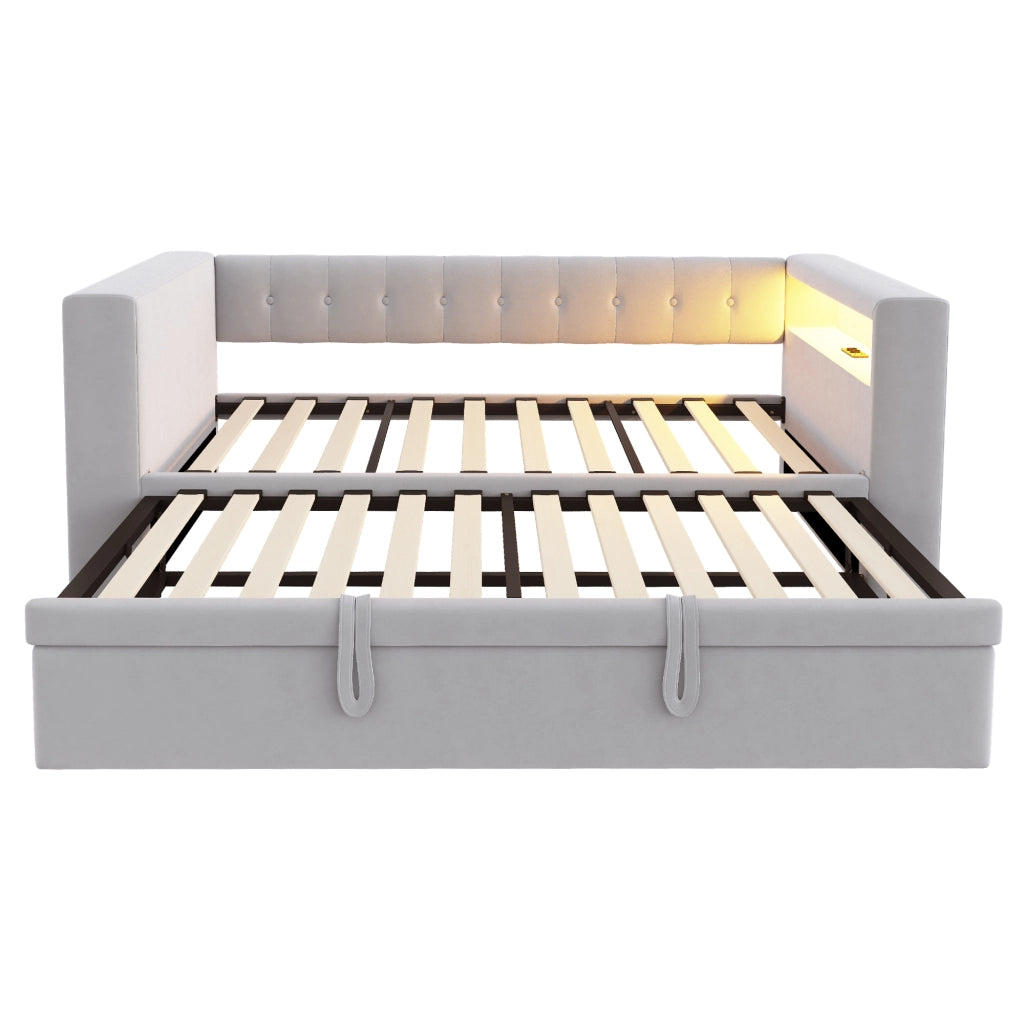 Letto multifunzionale con contenitore, illuminazione LED e prese integrate, 180 x 190 cm, grigio chiaro
