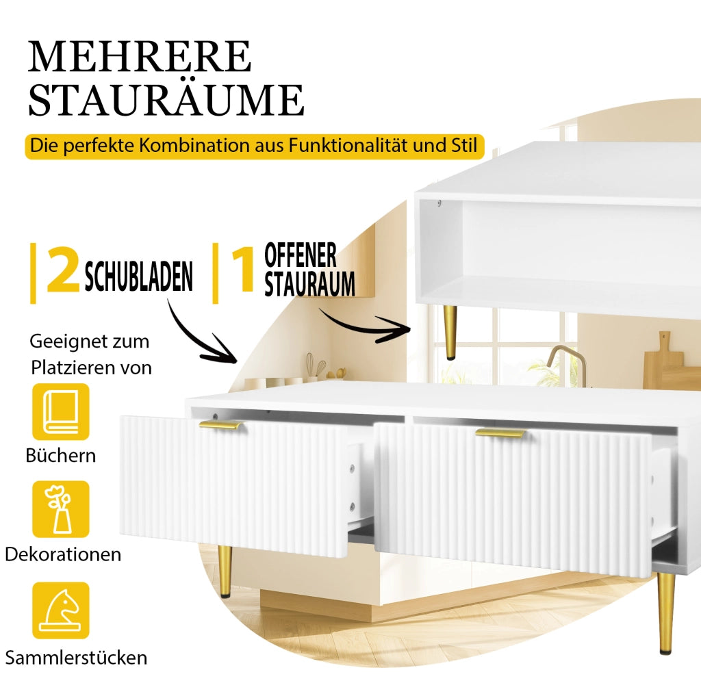 Tavolino da caffè moderno 100x50x40 cm con 2 cassetti in MDF bianco e oro