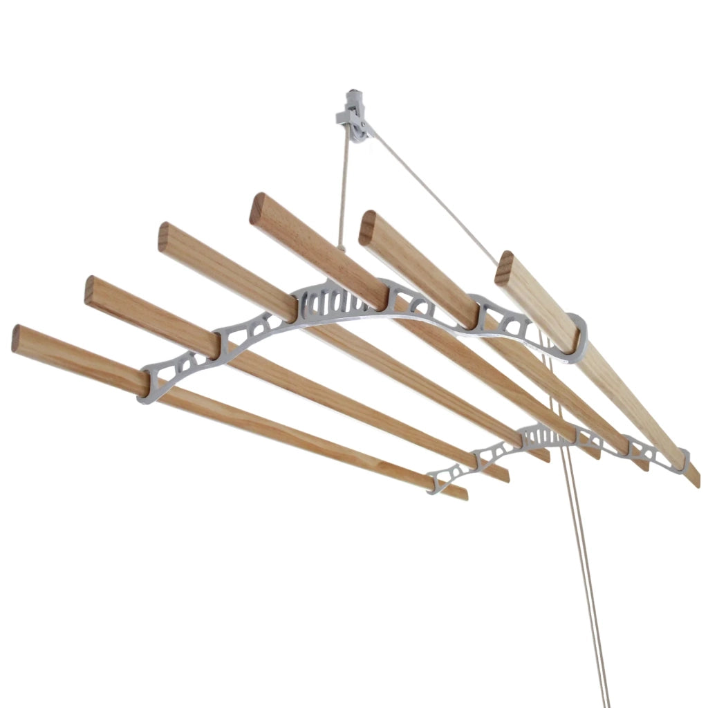 Stendibiancheria da Soffitto con 6 Stecche Legno 180cm e Supporti Ghisa Bianchi