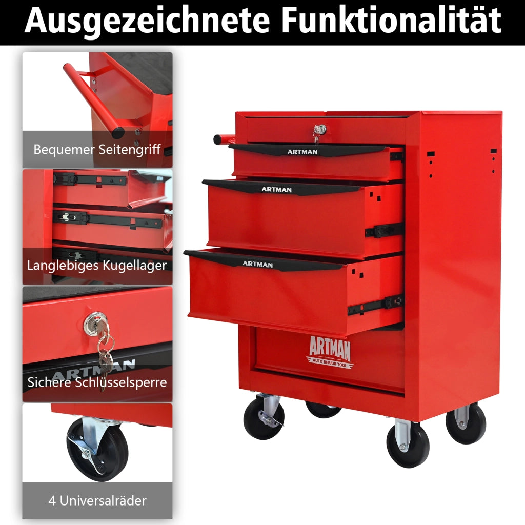 Carrello portautensili con 4 cassetti, 4 ruote e serratura, in acciaio, per garage e officina, rosso nero, 60 × 33 × 77.5 cm