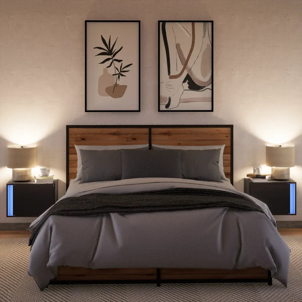 Comodini a Parete con Luci LED 2 pz-Set di 2 Tavolino da notte Neri 723680