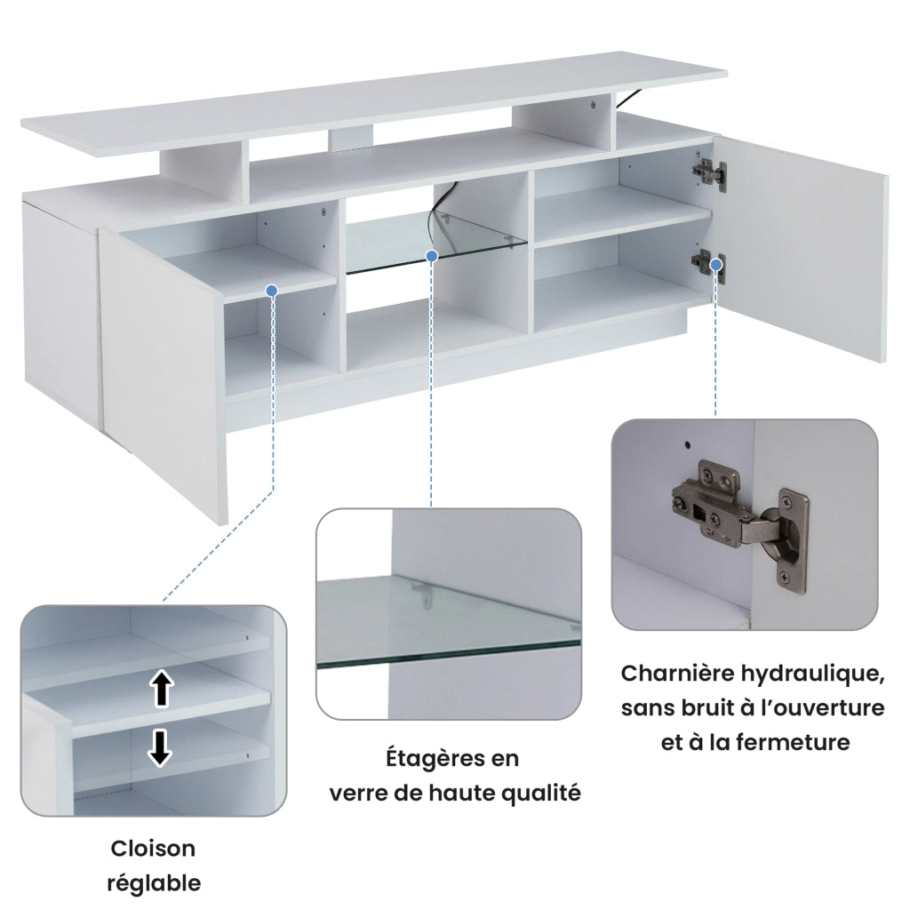 Mobile TV con 2 Ante e 5 Vani Aperti e LED Controllato da App; in Pannello Truciolare; Bianco; 140×35×55 cm