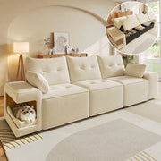 Divano 3 posti con nicchie laterali per animali e contenitori sotto seduta in velluto beige 229,5 × 78 × 84 cm