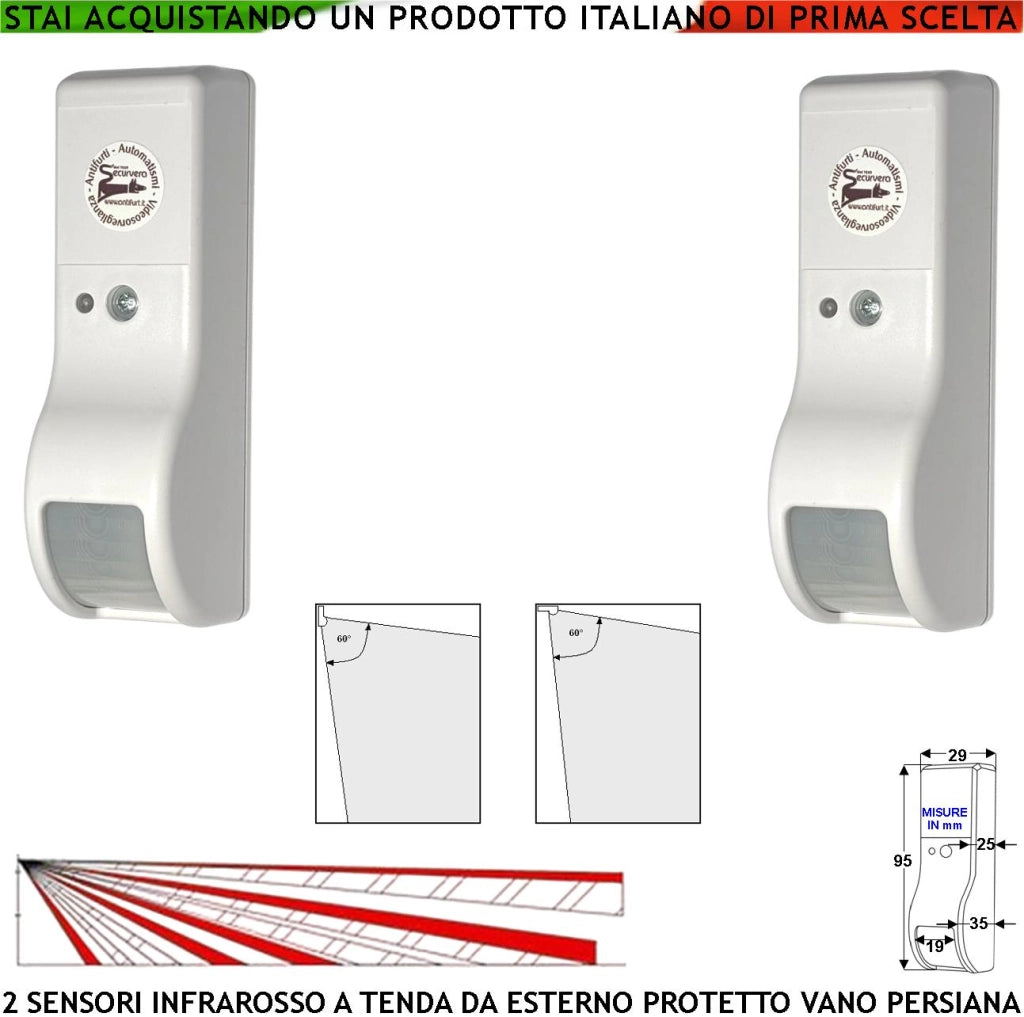 Sensore di Movimento Infrarosso Tenda Esterno 2 Pezzi Vano Persiana Dual Pir Rileva Estranei Invia Allarme Portata 8 MT 60° Vert. 7° Oriz. Alimentazione 12 V Assorbimento 10 mA Cover Bianco ABS IP31