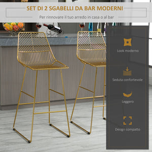 Set 2 Sgabelli Alti da Bar 53x56x110 cm in Metallo Oro