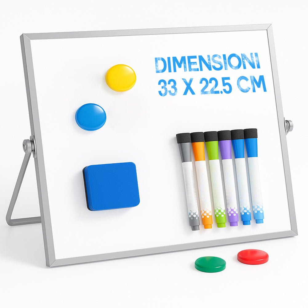 Lavagna Magnetica a Doppia Faccia 33x22,5cm con Pennarelli e Gomma Bianco