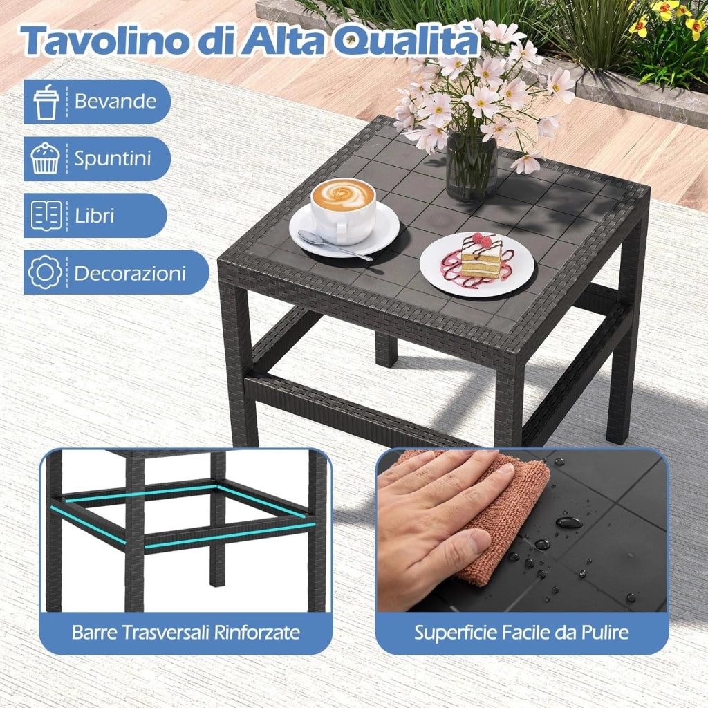 Tavolino e 2 Sedie in Rattan PP da Balcone, Set Giardino con Tavolino Quadrato e 2 Poltrone, Salotto da Esterno per Bordo Piscina (Nero)