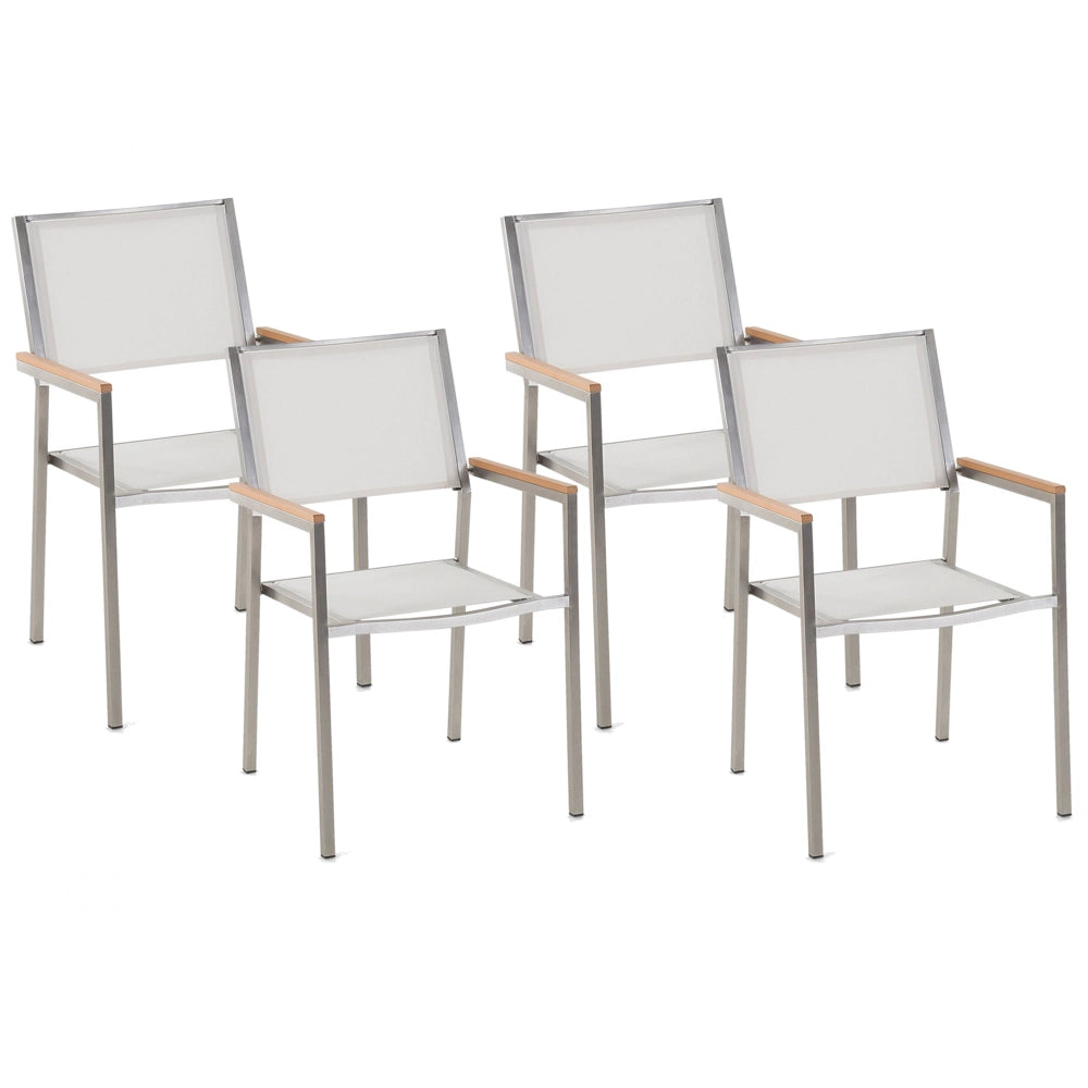 Set di 4 Sedie da Pranzo da Giardino Seduta in Tessuto Bianco e Argento Gambe in Acciaio Inox Impilabili da Esterno