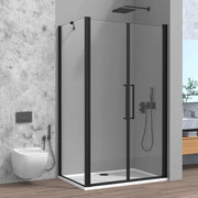 Box doccia angolare 90x70 con apertura saloon in vetro temperato trasparente con profili nero opaco Neos