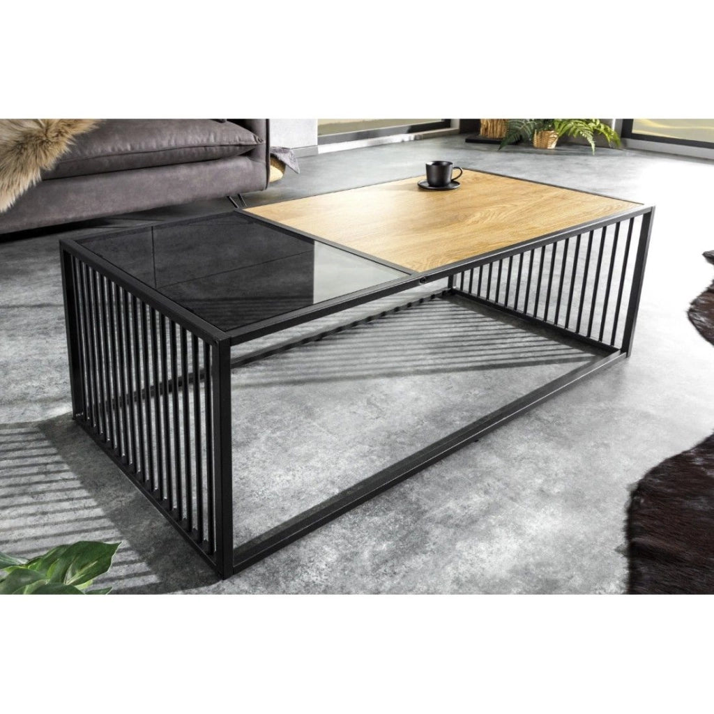 Tavolino basso ABITTA rettangolare 100 cm in rovere chiaro e vetro fumé - Moderno con piano misto legno e vetro