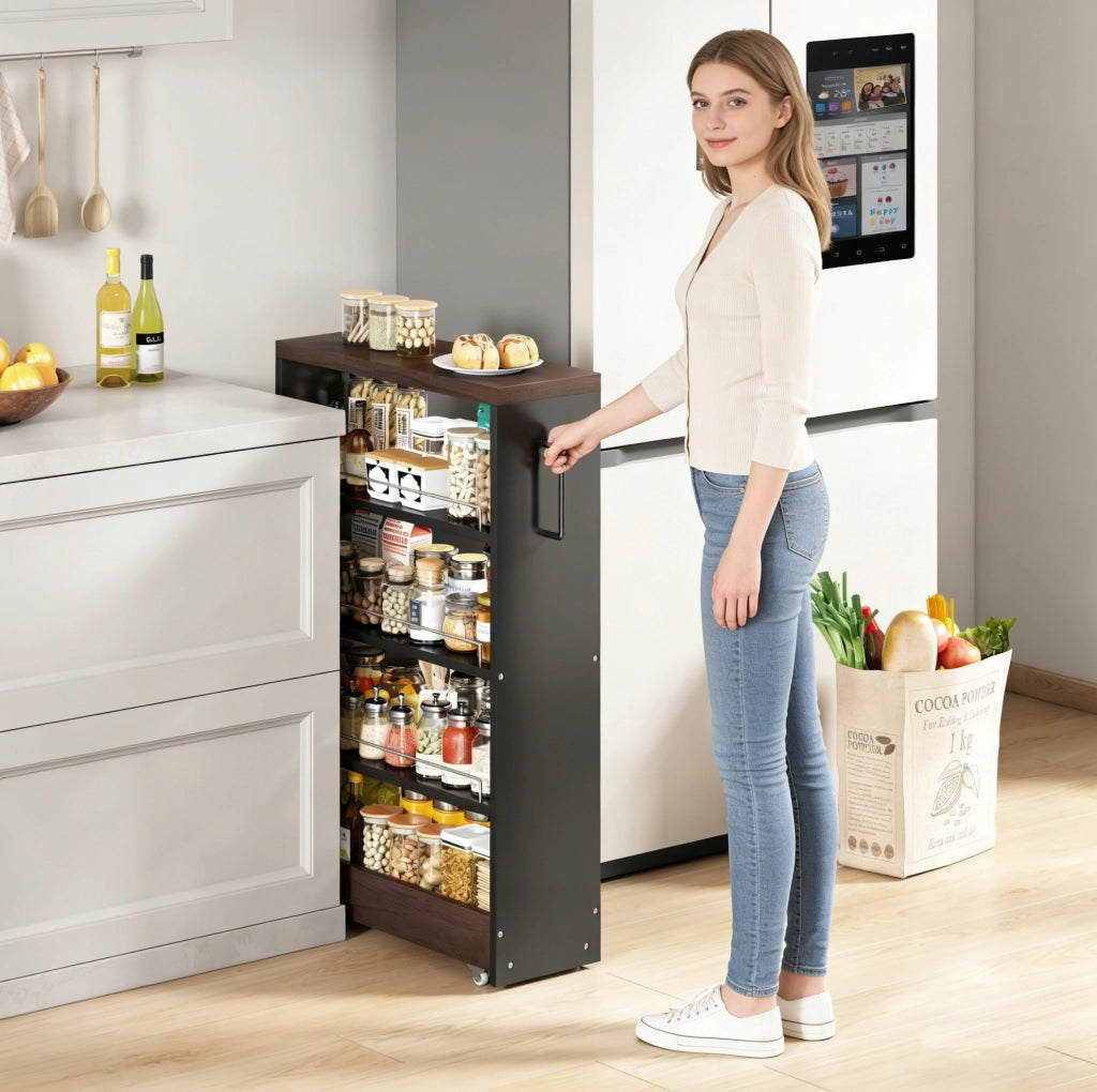 Carrello contenitore 20 cm nero marrone in MDF - 4 ripiani regolabili