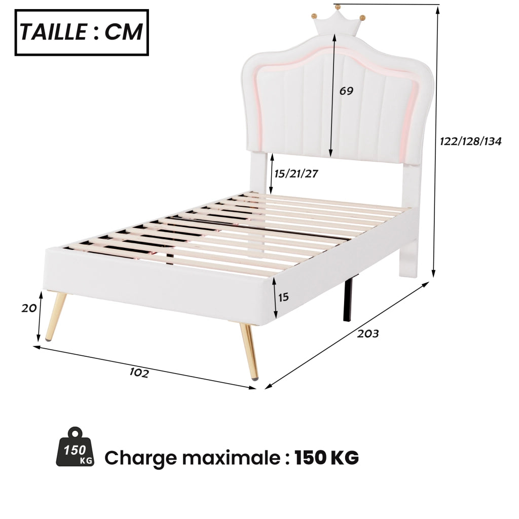 Letto per Bambini 90 x 200 cm e 140 x 200 cm; con LED e Testiera Regolabile; senza Materasso; Bianco