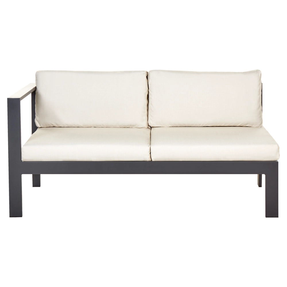 Set da giardino 5 posti in alluminio nero con divano e cuscini beige e tavolo a doghe set moderno scandinavo esterno
