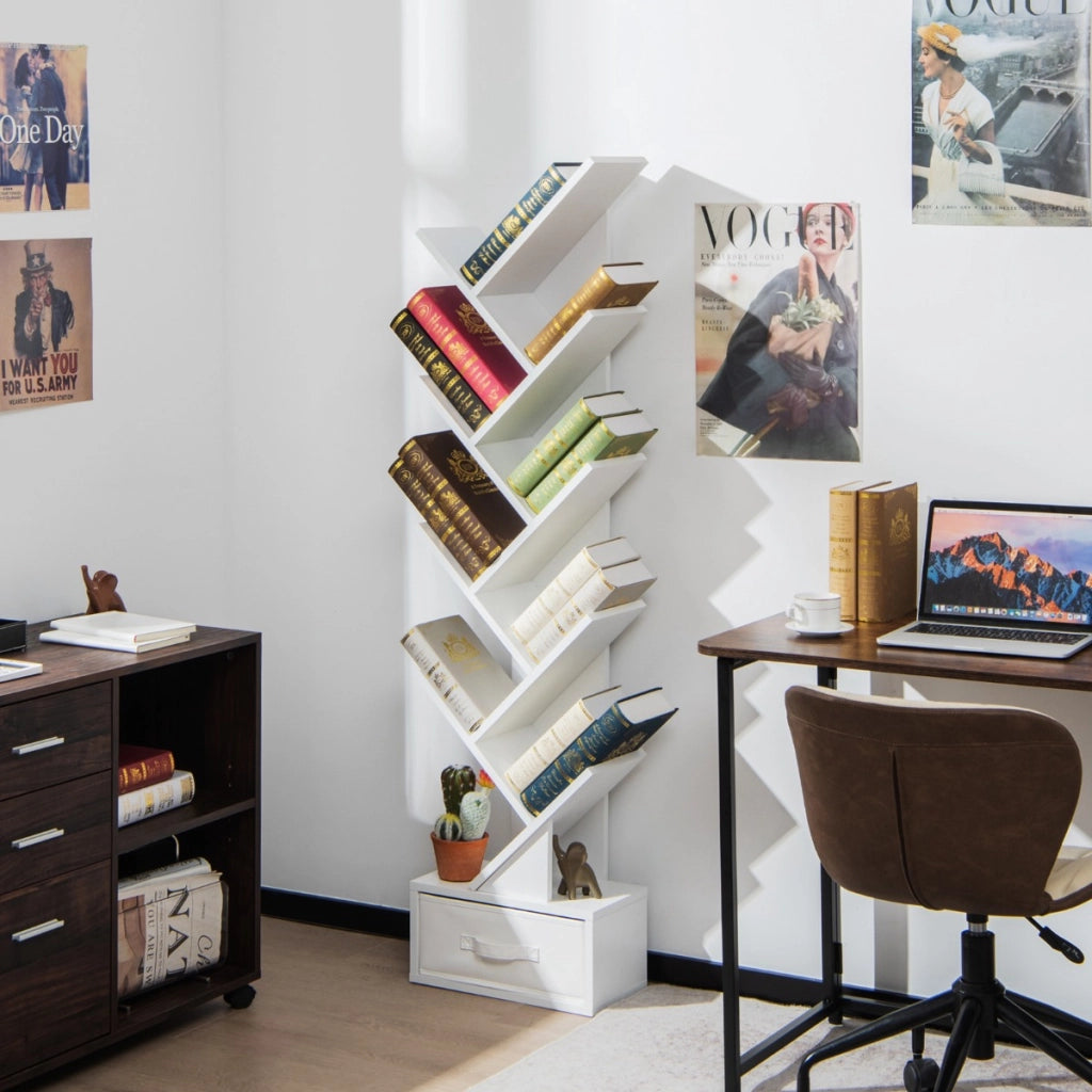 Scaffale ad albero a 10 ripiani con cassetto-Scaffale da terra per camera da letto soggiorno e ufficio Bianco