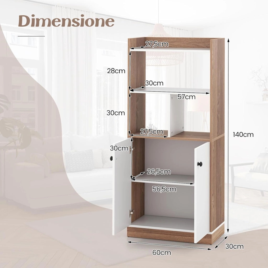 Libreria Scaffale con 2 Ante di Stoccaggio, Libreria Salvaspazio Moderna con 4 Ripiani in Legno Aperti, Mobile Alto Ufficio, per Soggiorno, Camera da Letto, 60 x 30 x 140 cm