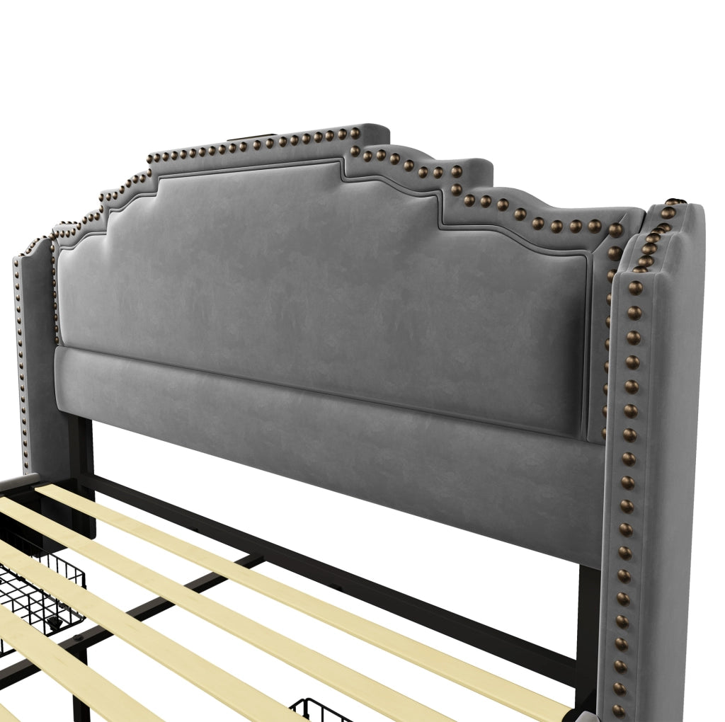 Letto matrimoniale con LED, USB-C e 4 cassetti