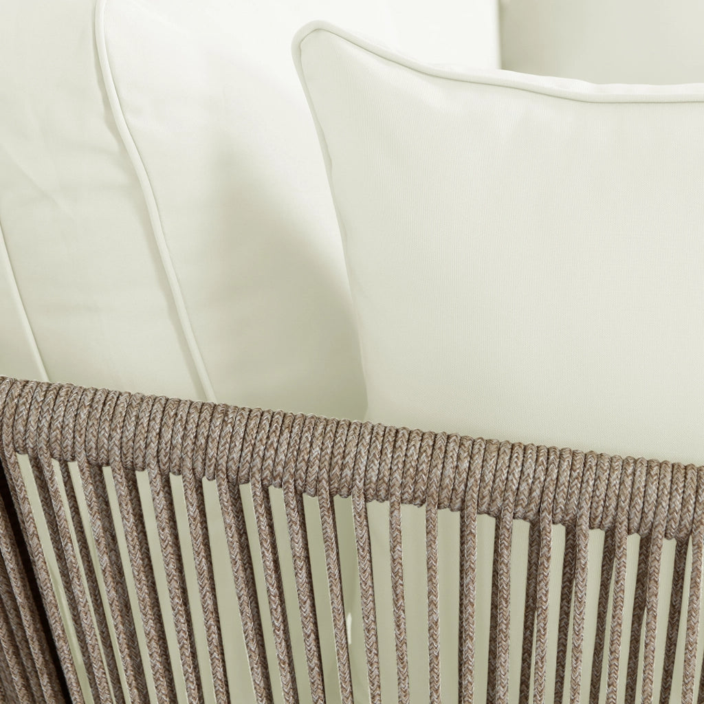 Chaise longue da giardino con cuscino spesso e braccioli intrecciati in corda, acciaio zincato, khaki sfoderabile