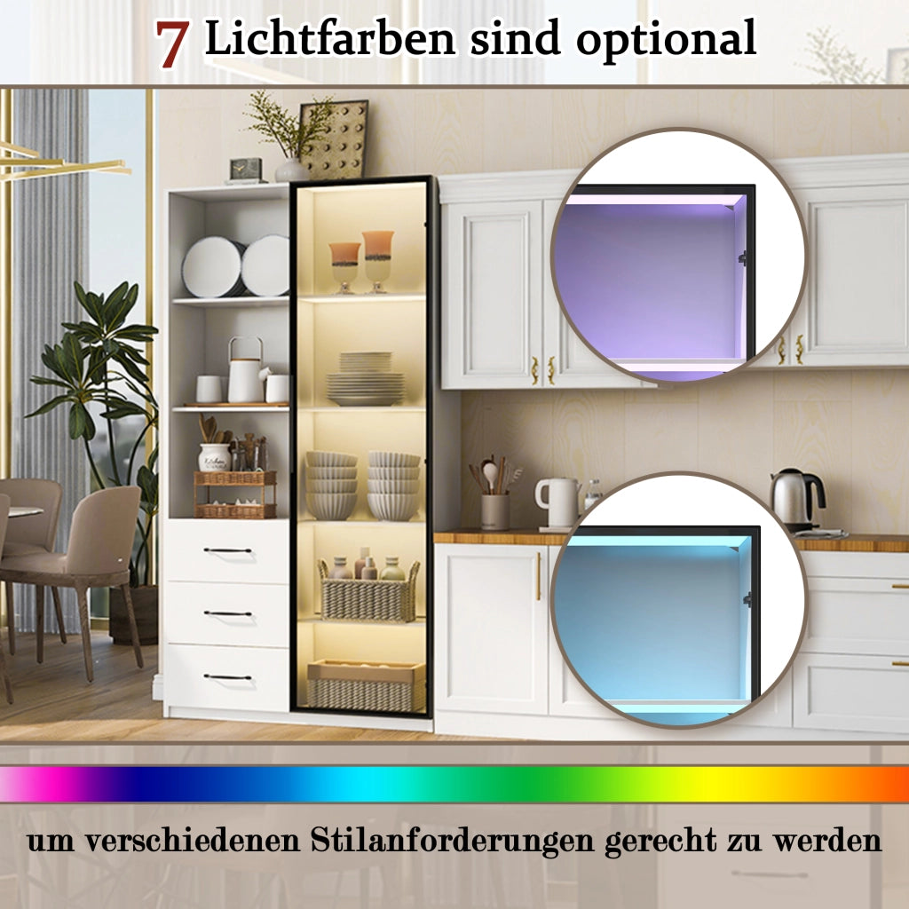 OKWISH Vetrina con 1 Anta in Vetro, 3 Cassetti e 3 Vani Aperti, LED Multicolore, per Soggiorno o Cucina, 80×40×160 cm