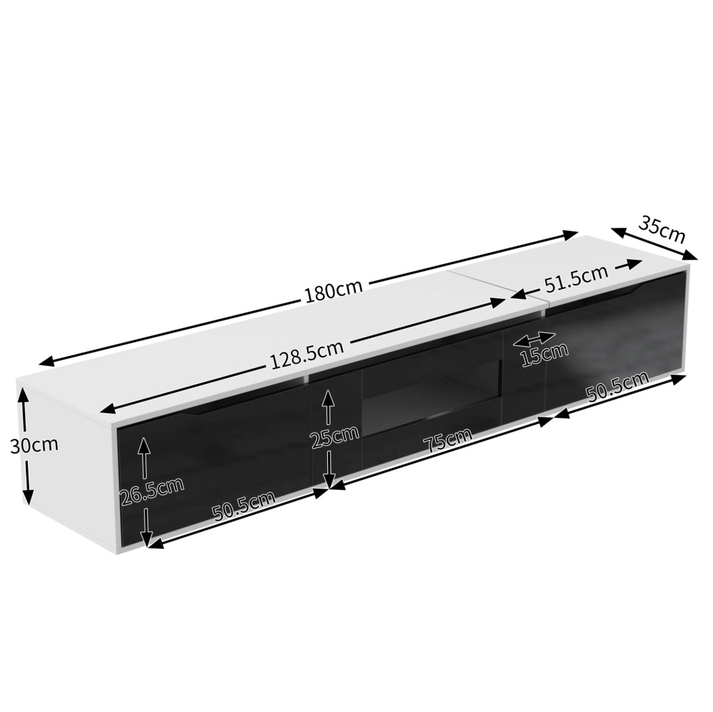 Mobile TV moderno nero e bianco lucido con LED multicolore, 180 cm