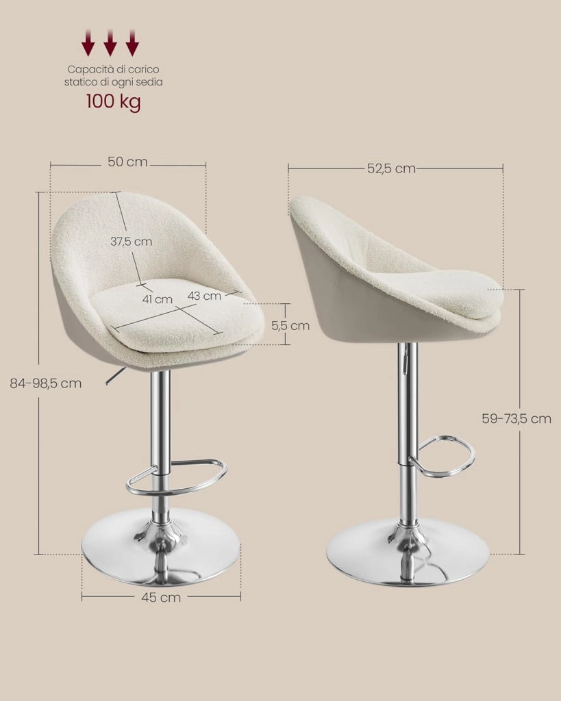 VASAGLE Sedie da Bar, Set di 2 Sgabelli da Bar, Regolabile in Altezza, Girevole a 360°, Sedia da Cucina, con Schienale, Poggiapiedi, in Acciaio, per Bancone, Sala da Pranzo, Bianco Crema LJB110W01