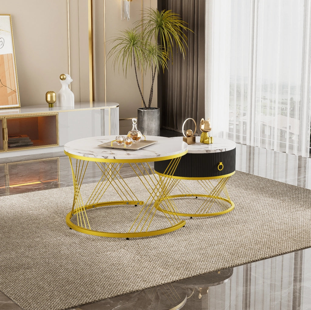 Set 2 tavolini da caffè impilabili con cassetto; effetto marmo; MDF bianco e dettagli oro