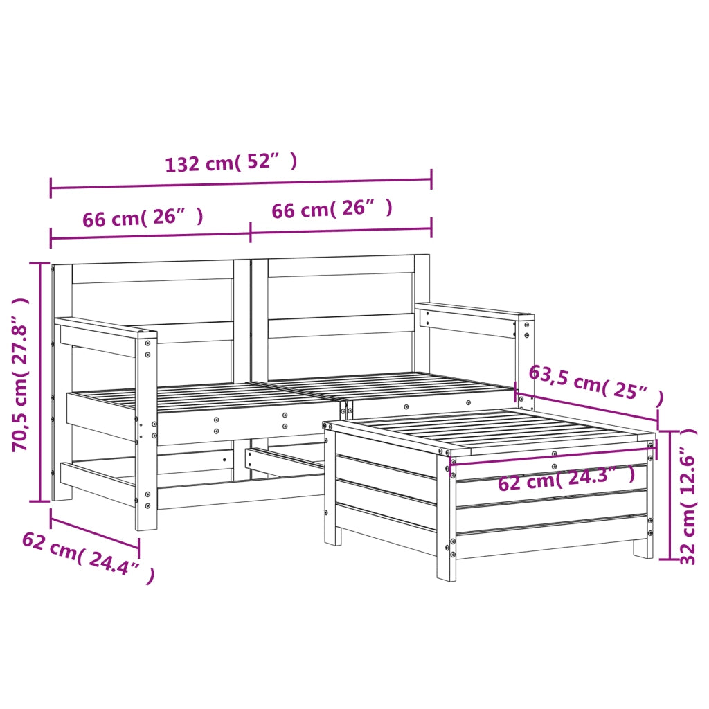 Set Divani da Giardino 3 pz Bianco in Legno Massello di Pino 3250761