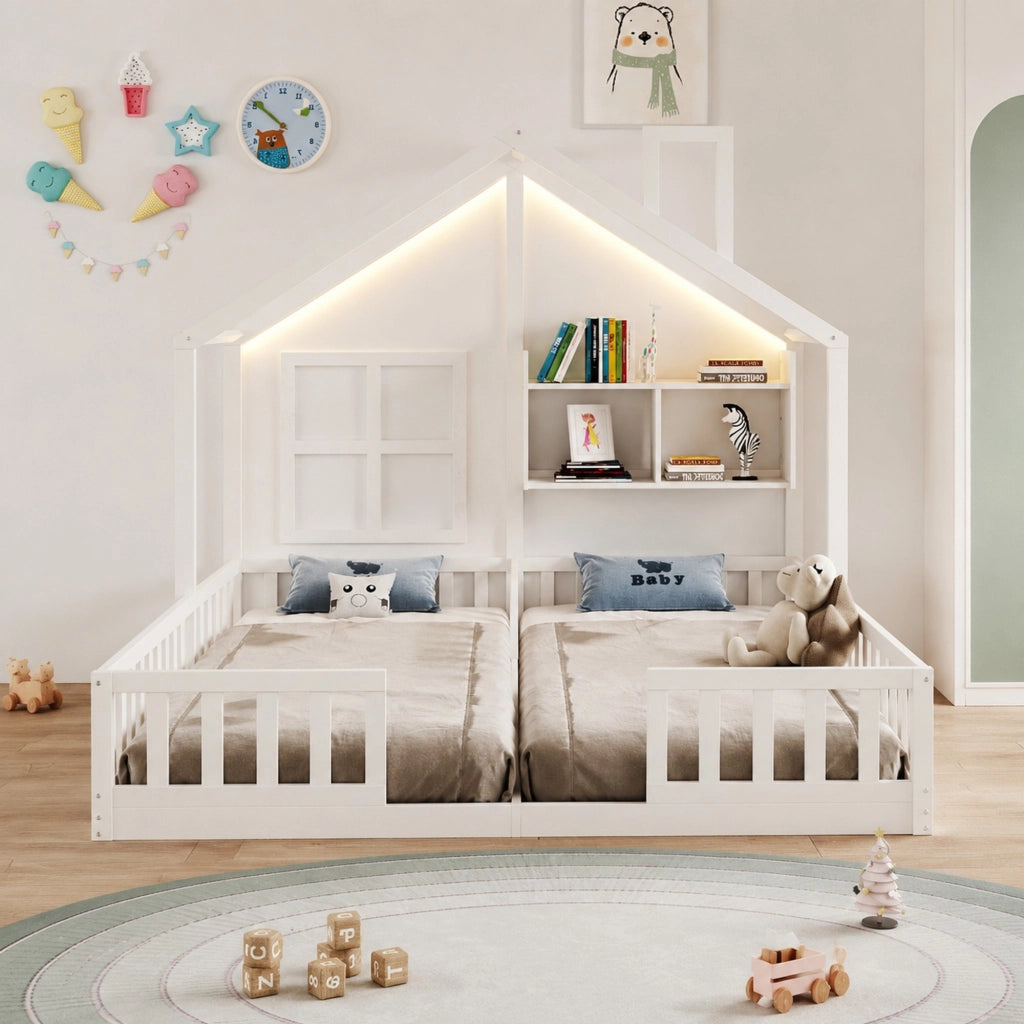 Letto a casetta 90 × 200 cm doppio affiancato con LED; ripiani e rete a doghe in legno bianco